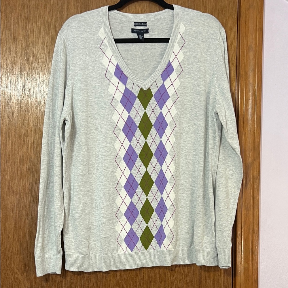 Tommy Hilfiger 100% Pima Cotton Gray, Purple, & Green Argyle Sweater Size XXL